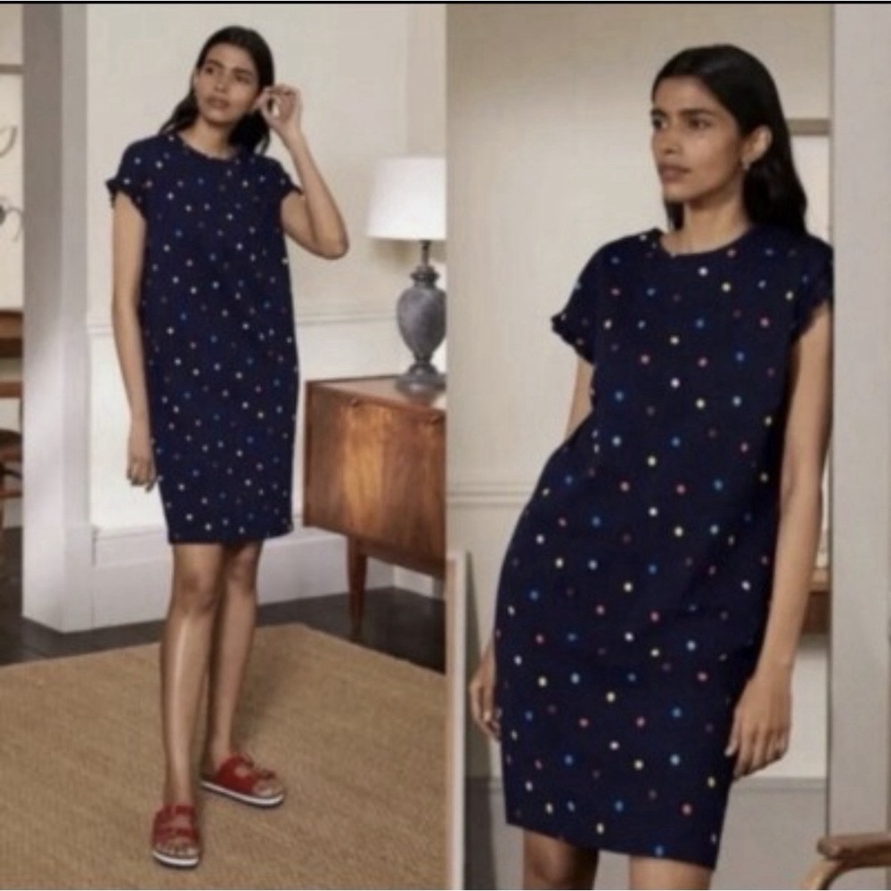 Boden Faye Navy Blue Ruffle Trim Multi Colored Polka Dot T Shirt Dress 4R Cozy